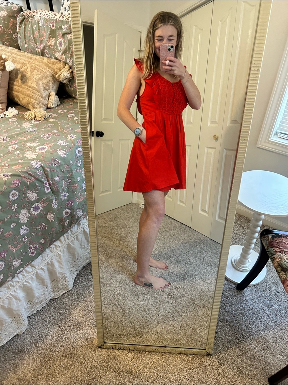 Free People Red Ruffled Sleeve Smocked Mini Dress - Picture 2 of 6